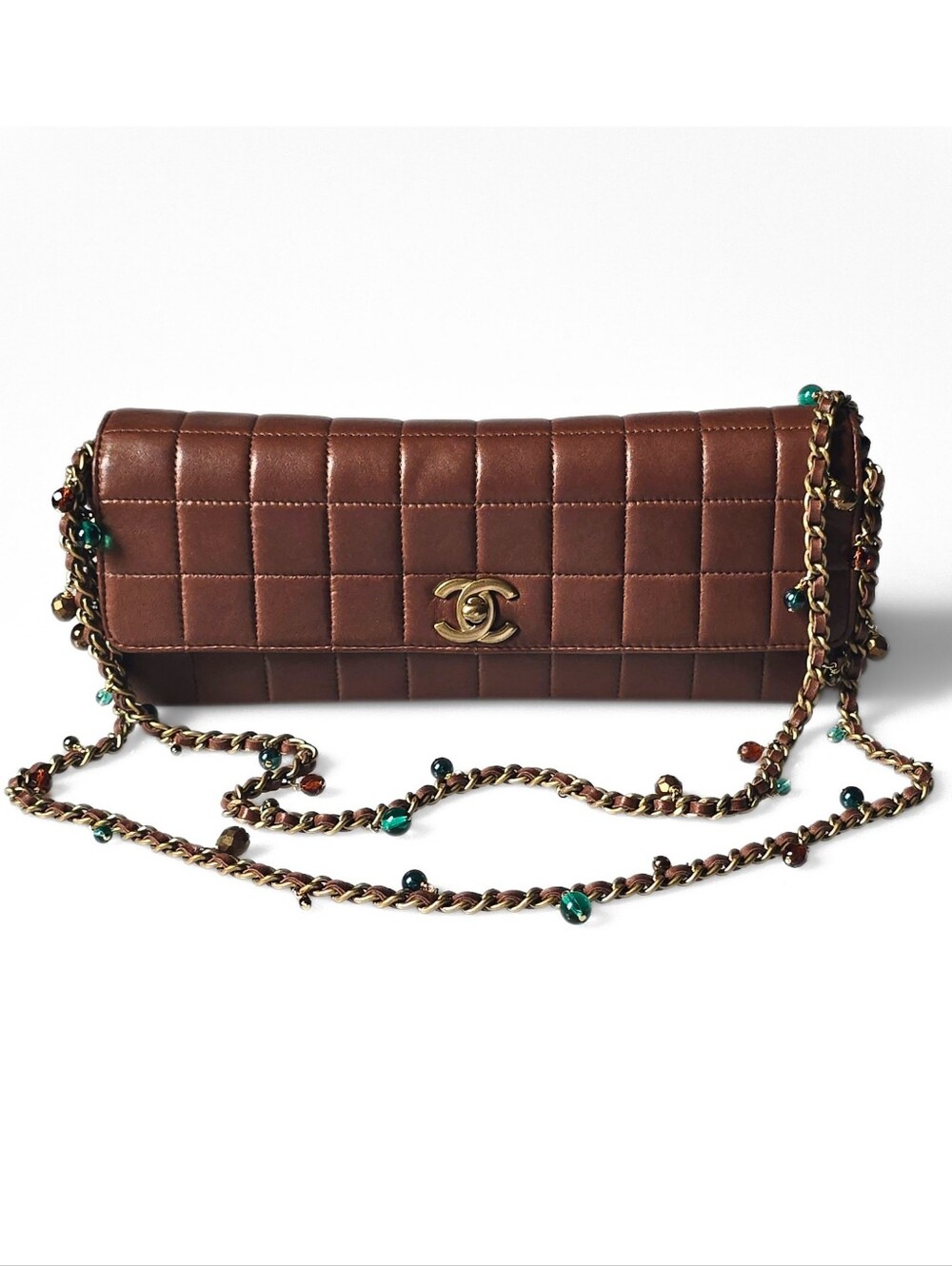 Chanel East West Chocolate Bar Bag Embellished Beaded Chain Strap Vintage Rare